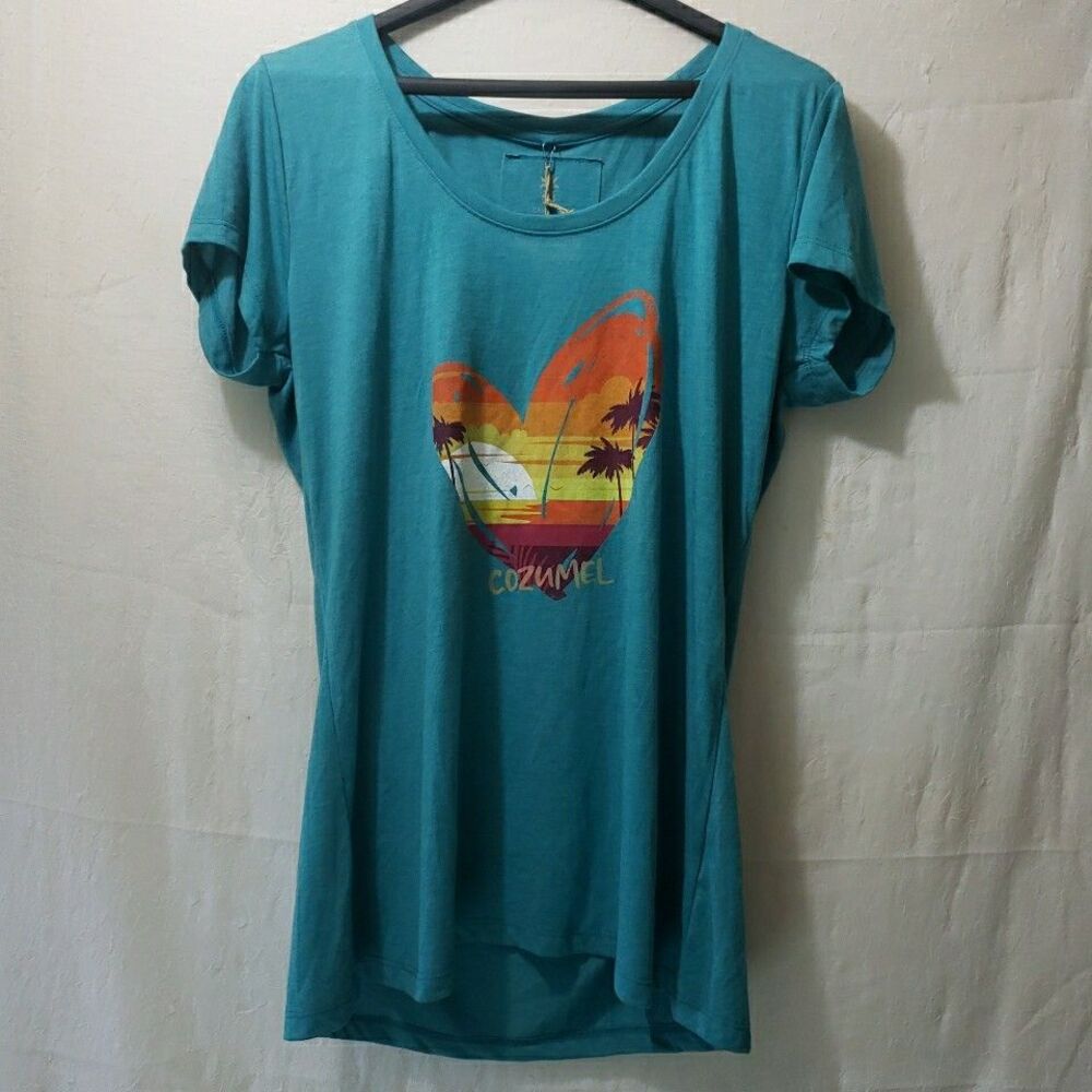 NWT Cariloha 2X Teal Turquoise Cozumel Heart Sunset Beach Bamboo Scoop Tee